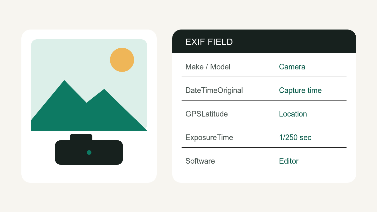 Illustration of a photograph beside an EXIF metadata field table